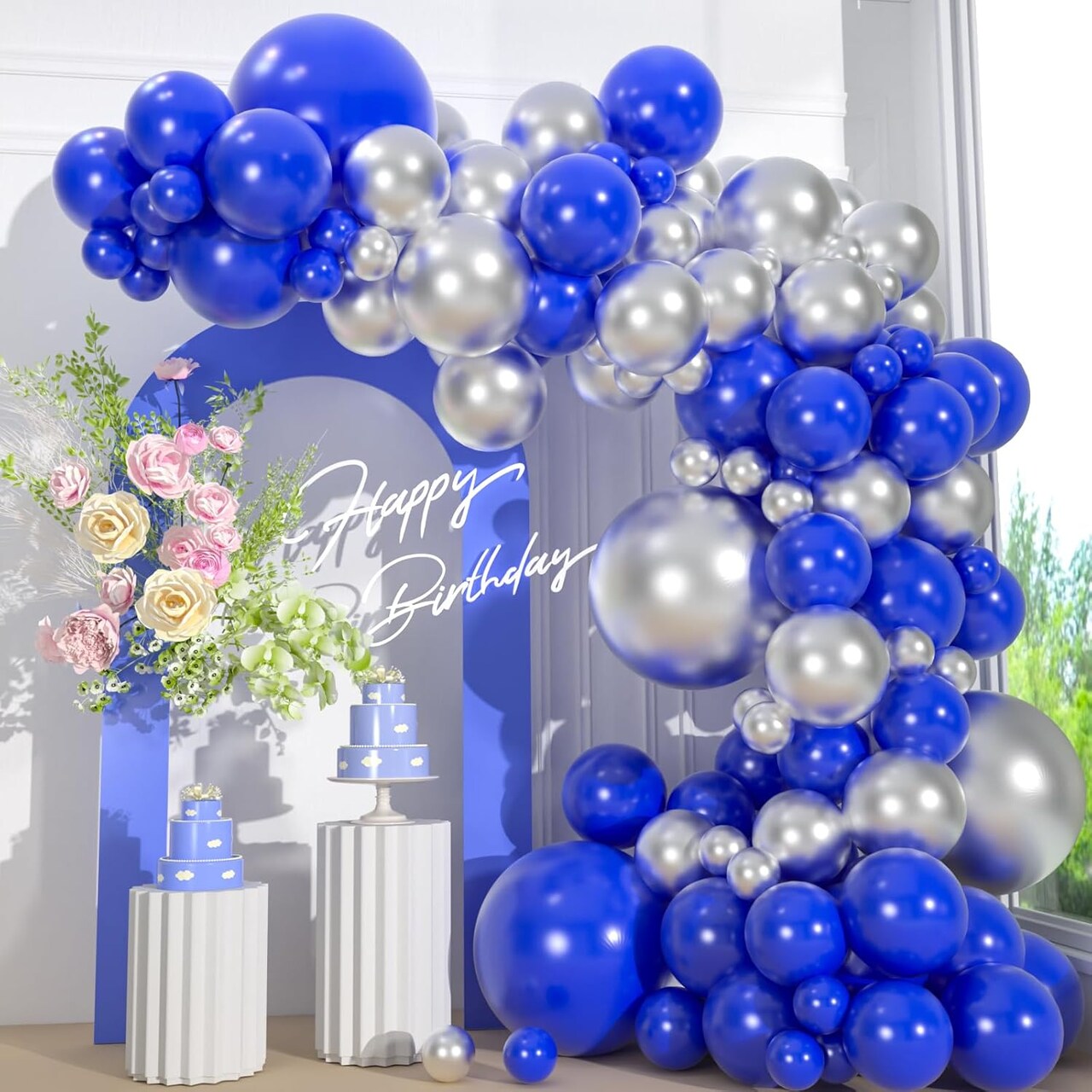 110PCS Royal Blue & Metallic Silver Balloon Arch Kit – Elegant Balloons (18/12/10/5 Inch) for Graduation, Wedding, Baby Shower, New Year’s Eve & Party Decorations